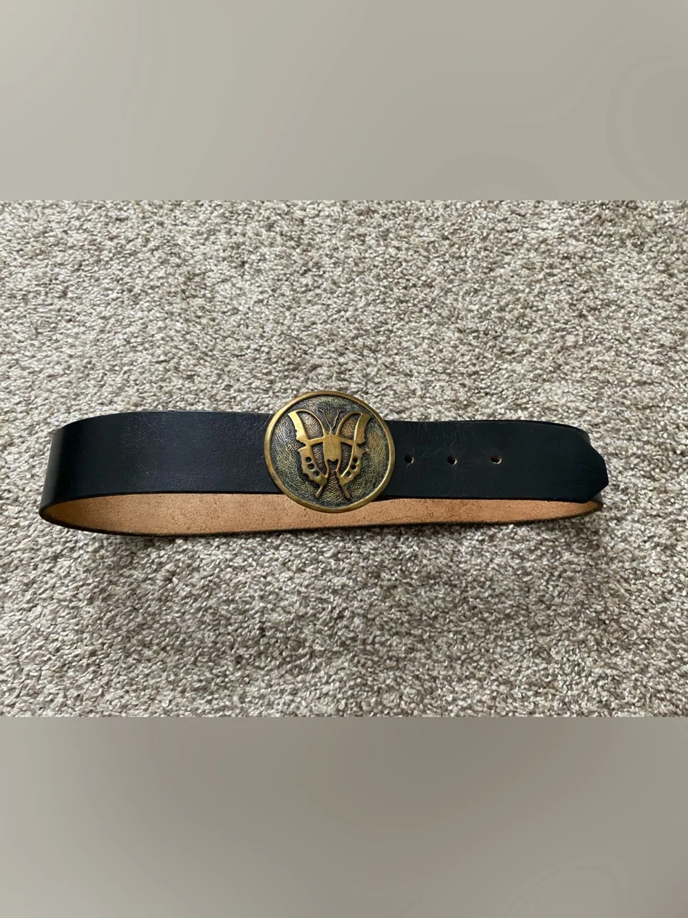 VTG Black Leather Belt With Brass Butterfly Buckle 3” EUC - Picture 5 of 6